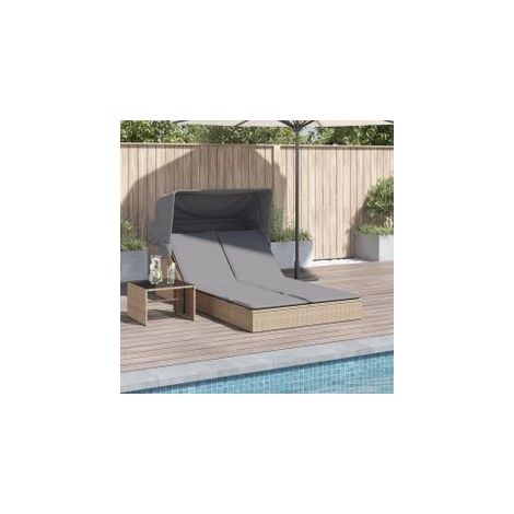 Chaise longue double avec auvent et coussins beige poly rotin (1/5)