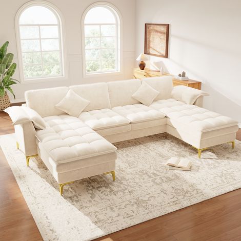 Canapé panoramique en U 4 places 262 x 134 x 86 cm 2 coussins, assise double couche, pieds dorés, effet nuage, chenille, Beige (1/5)