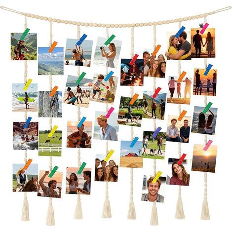 Tenture murale pour photo : avec 45 clips, en bois naturel et équipée d'une couronne de perles en bois, pour mariage, chambre à coucher, dortoir (1/5)