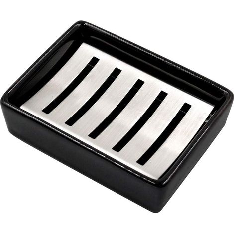 Porte savon en céramique et acier inoxydable 304, double couche, auto drainant, économiseur de savon durable, facile à nettoyer, pour salle de bain (noir) (1/5)