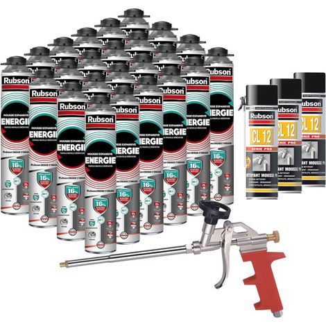 RUBSON Pack de 24 Mousses Expansives Énergie Pistolable Gris 750ml + 3 Nettoyants CL12 + Pistolet (1/5)