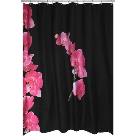 Rideau de Douche, en Polyester, Revêtement antibactérien, Anneaux Inclus, Lavable à 30°, Imperméable Tissu Lavable en Machine Rideau Salle de Bain, Fleurs Noir (1/5)