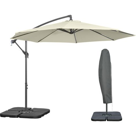 Ombrellone Decentrato a 6 Stecche con Manovella e Base a Croce, in Metallo e Poliestere, Ø292x247 cm, Beige
