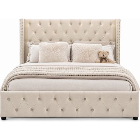 CHICFURN Lit coffre capitonné beige Chesterfield Steele 140 190 (1/5)