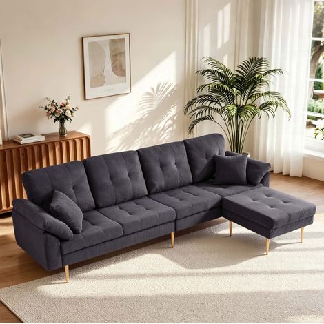 Canapé 4 places en velours côtelé 250 cm avec pouf modulable et pieds en fer OKWISH (1/5)
