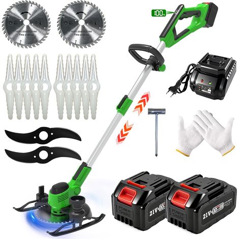Debroussailleuse Electrique sans Fil, Coupe Bordure sans Fil avec 2 Batteries et avec 3 Types de Lames, 21V Debrouissalleuses Batterie,Télescopique, pour Jardin, Pelouse, Herbe et Bordures,Vert (1/5)