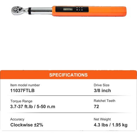 Llave dinamométrica digital, pantalla LED de alta definición, compatibilidad versátil, 3,8 pulgadas (3,7-37 ft-lb) (1/2)