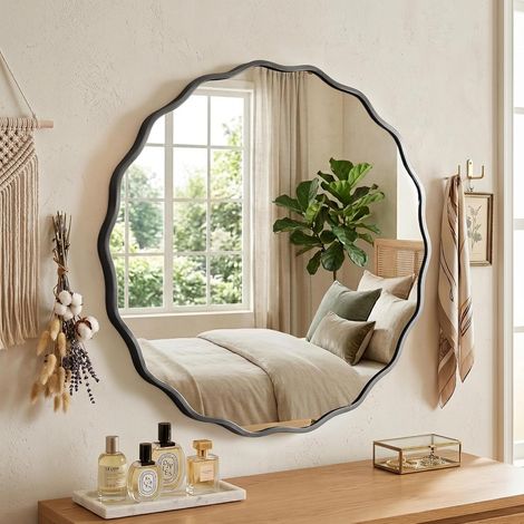 Miroir Mural Rond Ondulé avec Cadre en Aluminium Brossé (1/5)