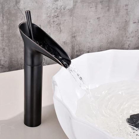 Robinet de Lavabo Cascade Noir Vintage,Mitigeur Monocommande pour Salle de Bain,Mélangeur Eau Chaude/Froide Réglable,Laiton Chromé,G3/8 (1/5)