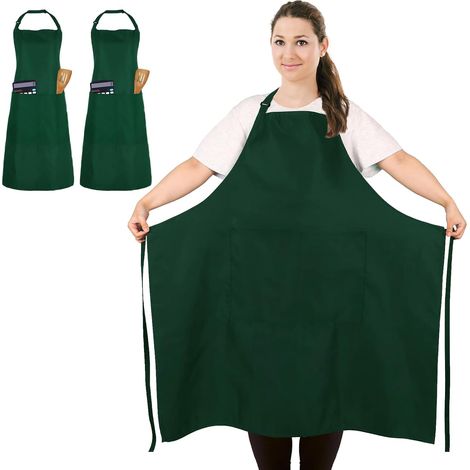 Delantal grande (juego de 2), unisex, verde, impermeable, con 2 bolsillos, ideal para cocinar, hacer barbacoas y trabajar. Adecuado para camareros, artistas y peluqueros (talla grande). (1/5)