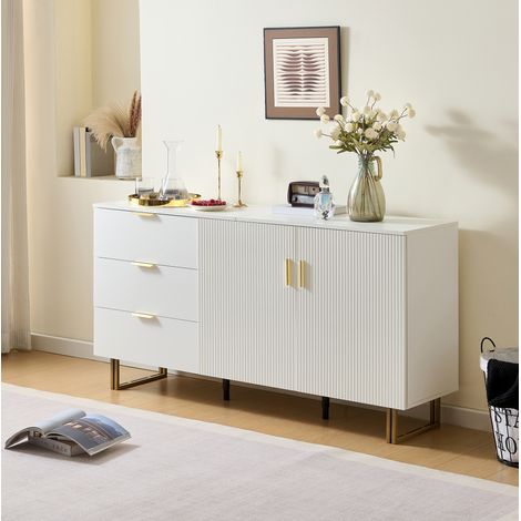 Sideboard aus MDF in Weiß 160 x 40 x 81,5 cm mit 2 Türen und 3 Schubladen, goldfarbene Aluminiumgriffe (1/5)