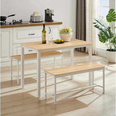 Esszimmergarnitur aus Spanplatte und Stahl in Natur/Weiß, 110x60 cm, mit Tisch und 2 Bänken für 4 Personen (1/5)
