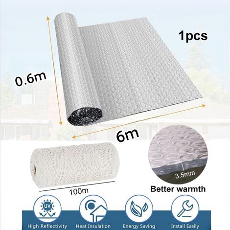 Voile hivernal aluminium, film bulle isolant anti-froid anti-gel plantes et pots jardin — Composition : 0,6 × 6 m, avec 100 m de corde blanche, Couleur : argent (1/5)