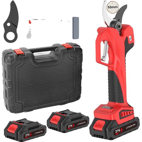 Akku-Gartenschere, bürstenloser Motor, 4 Geschwindigkeitsstufen, rot, mit 2 Akkus (1/2)
