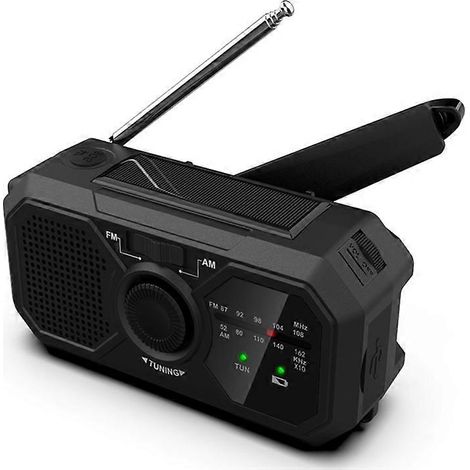 Radio multifonction SY-366 avec météo, AM/FM, alimentation solaire à manivelle, batterie externe de 1200 mAh, alerte SOS et lampe torche intégrée. (1/4)
