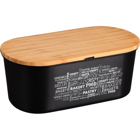 Boîte à pain avec planche à découper en bambou - Matériau : plastique (PET), bambou - passe au lave-vaisselle, hygiénique et neutre au goût, dimensions : 34 x 14 x 18 cm, noir (1/4)