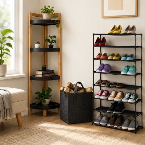 Juego de organizadores para armario (3 piezas): zapatero encajable, estante de esquina de bambú y cesta de fieltro para transportar objetos (1/5)