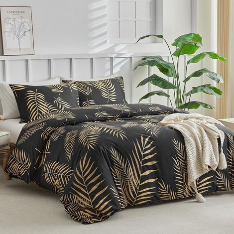 Ensemble de literie lit double 200x200 cm microfibre motif feuille tropicale or noir