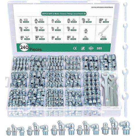 Assortiment de 240 graisseurs Zerk, raccords droits à 45° et 90° (SAE et métriques) avec kit de clés (7-11 mm) (1/5)