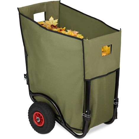 Chariot pour Feuilles mortes, Charrette de Jardin, Brouette, 2 Roues, Sac pour Feuilles de 160 litres, Vert