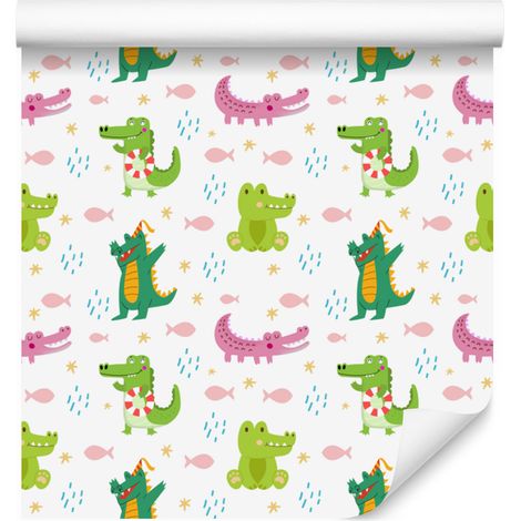 Papier peint crocodile blanc, vert citron et rose poudré pour le salon et la chambre 50x1000 (1/5)