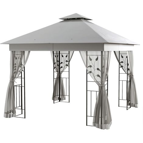 Pavillon de jardin double toit 3x3 m hydrofuge moustiquaire gris clair