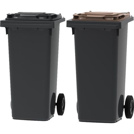 ESE France Lot de 2 Conteneurs Poubelles à déchets 2 roues - 120L - 100% Recyclé - Gris avec Couvercle Gris et Marron - Fabriqué en France (1/5)