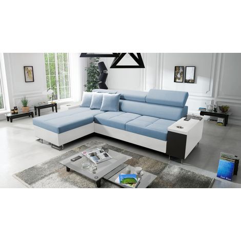 Bequemes Ecksofa mit Schlaffunktion MORENA I MAXI Kunstleder/Uttario Velvet Weiß/Blau Links (1/5)