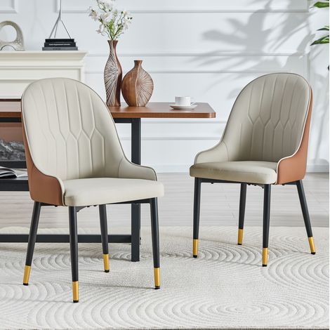 Lote de 2 sillas de comedor modernas de piel sintética, con patas de metal, gris cálido y marrón (1/5)