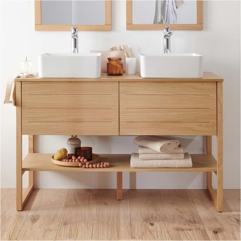 Mueble doble 120cm roble lavabos cuadrados blancos grifos ATOLL