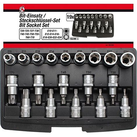 KRAFTMANN 95100 EMBOUTS/DE DOUILLES TORX/PROFIL E, ARGENT, 1/2'', SET DE 19 PIÈCES