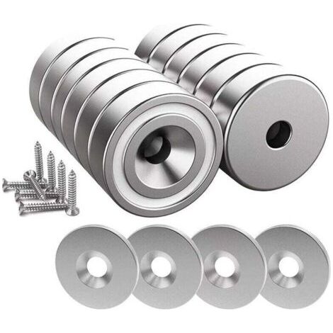 12 aimants néodyme (N52), 10 kg par pièce, 20 × 7 mm avec trou central, étui de protection inclus, socle conique + vis + 12 rondelles en acier inoxydable (argenté)