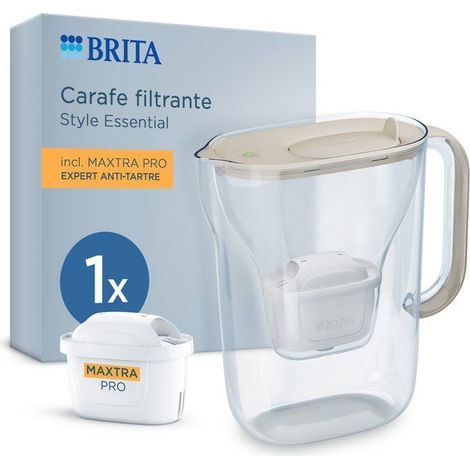 Carafe filtrante BRITA - Style Essential Sable - Capacité 2,4L dont 1,4L d'eau filtrée - 1 mois MAXTRA PRO EXPERT ANTI-TARTRE