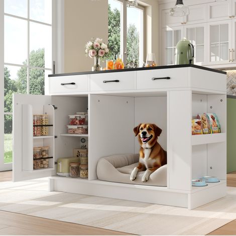 Îlot de cuisine 120x60x90 cm blanc en MDF avec 3 tiroirs, étagère réglable et niche pour animal (1/5)