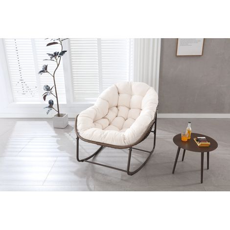 Fauteuil à bascule extérieur en osier synthétique blanc avec coussin épais, chaise lounge oversize pour balcon et jardin (1/5)
