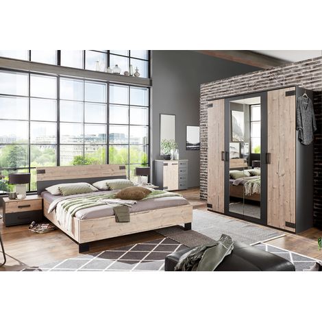 Pegane – Chambre complète adulte 180x200 cm – 2 chevets, armoire, commode – Panneaux de particules chêne – Style contemporain