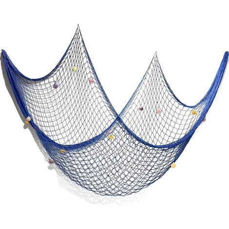 Filet de Pêche Décoratif Bleu avec Coquillages, 100x200 cm, Décoration Murale Méditerranéenne, Accessoire Maritime pour Accrocher des Photos, Idéal pour Chambre, Salon, Fête