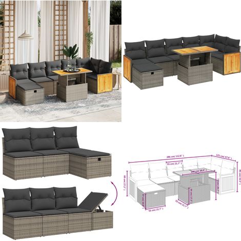 Salon de jardin 8 pcs avec coussins gris résine tressée - Ensemble Salon De Jardin - Mobilier Extérieur - Résine Tressée - Rotin Synthétique - Table Extensible - Home & Living (1/5)