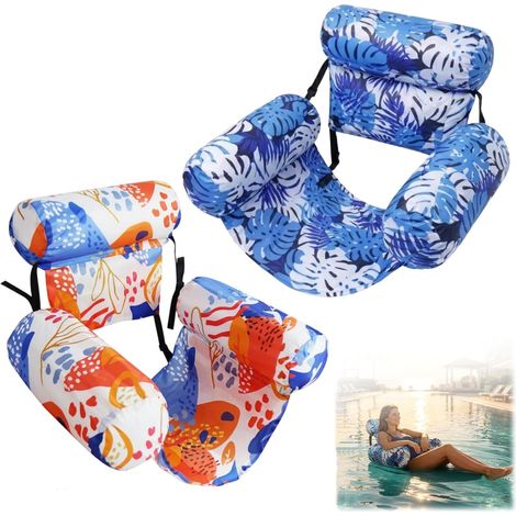 Lot de 2 matelas flottants piscine gonflables, fauteuil flottant adulte avec dossier, bleu et orange (1/5)