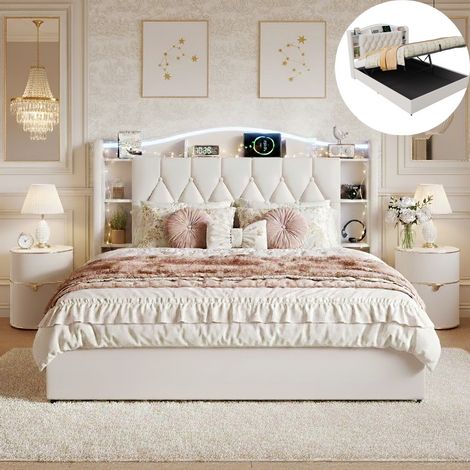 Letto contenitore 160x200 cm, letto matrimoniale 160x200 cm in velluto, con rete a doghe, testiera illuminata a LED, vano contenitore aperto, porte USB e Type-C - Beige