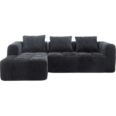ELVMI Divano ad Angolo 3 Posti con Chaise Longue Modulare, Tasche Laterali e 3 Cuscini, in Ciniglia, Nero 250 × 158 × 60 cm (1/5)