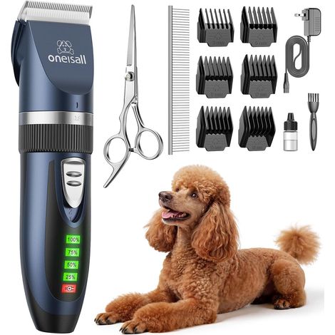Oneisall Tondeuse à Chiens Silencieuse, Batterie 2000mAh Autonomie 4h, Tondeuse Pour Chien et Chat Poils Denses, Rasoir Animal Coupe Poils Longs (Bleu) (1/5)