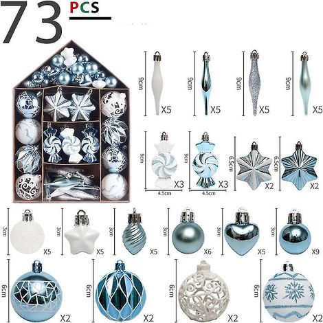 73 boules de Noël de 3 à 9 cm, bleu et blanc, thème hivernal, décoration pour sapin de Noël, ornement en forme d'étoile. (1/5)