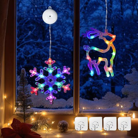 Guirnalda de luces navideñas para ventana (2 unidades): luces colgantes multicolor con forma de copos de nieve y renos, ventosas, temporizador y 2 modos de iluminación LED. (1/5)