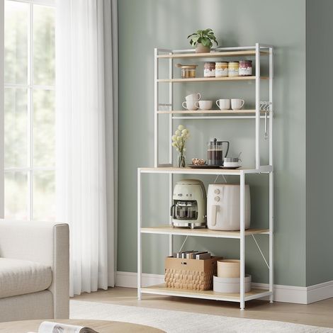 WOLTU Estantería de cocina de 80 cm, 6 estantes, 6 ganchos, roble claro + blanco (1/5)