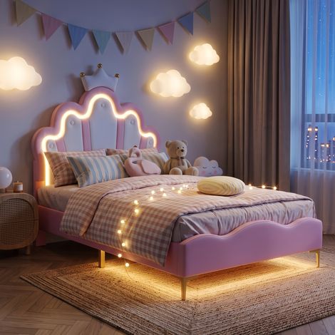 Lit Enfant Princesse 90x190 cm Rose - Tête de Lit Couronne avec LED et Sommier à Lattes - Design Scandinave