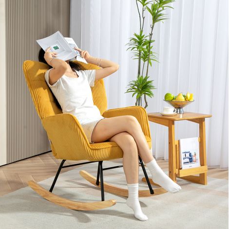Sillón mecedora 98x71x101 cm amarillo en acero y madera con tapizado de pana y respaldo capitoné (1/5)