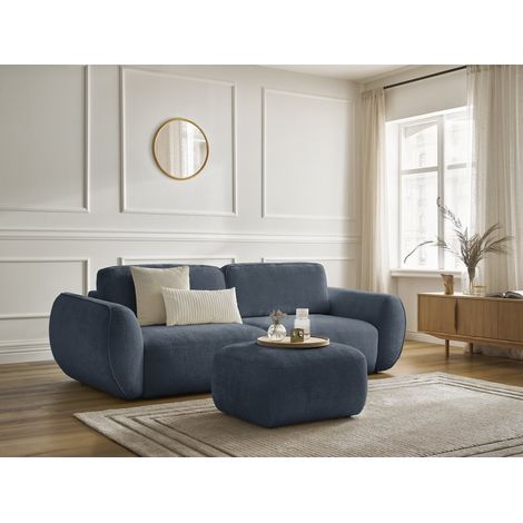 BOBOCHIC - Canapé droit convertible 3 places DENISE tissu texturé avec pouf   Bleu foncé (1/5)