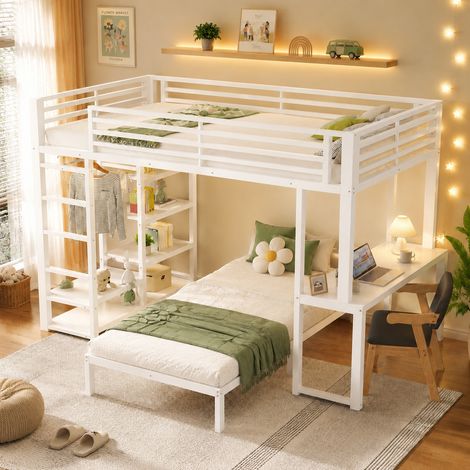 Cama alta 90x200 cm blanca, con escritorio, estantes, armario abierto, USB y EN 747, estructura metálica, sin colchón (1/5)
