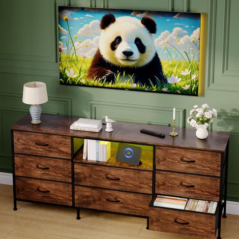 Meuble TV LED avec 8 Tiroirs, Banc TV 160 cm, Éclairage LED Intégré, Cadre Acier & Panneaux de Particules, Rangement Spacieux, Marron (1/5)
